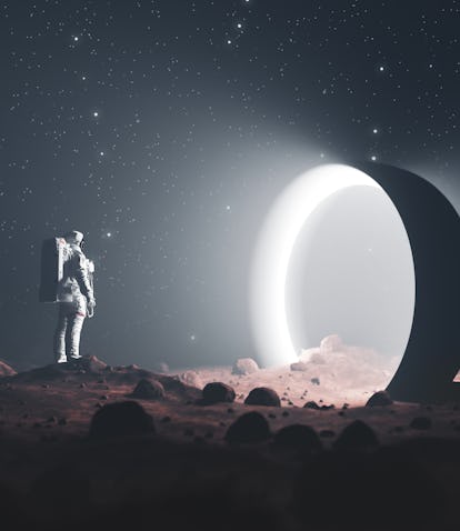 Astronaut on foreign planet in front of spacetime portal light. Science fiction universe exploration...