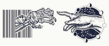 Human and robot's hands tattoo. Symbol of spirituality, religion, connection and interaction, people...