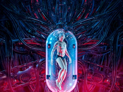 The man clone pod / 3D illustration of science fiction scene showing human male figure inside comple...