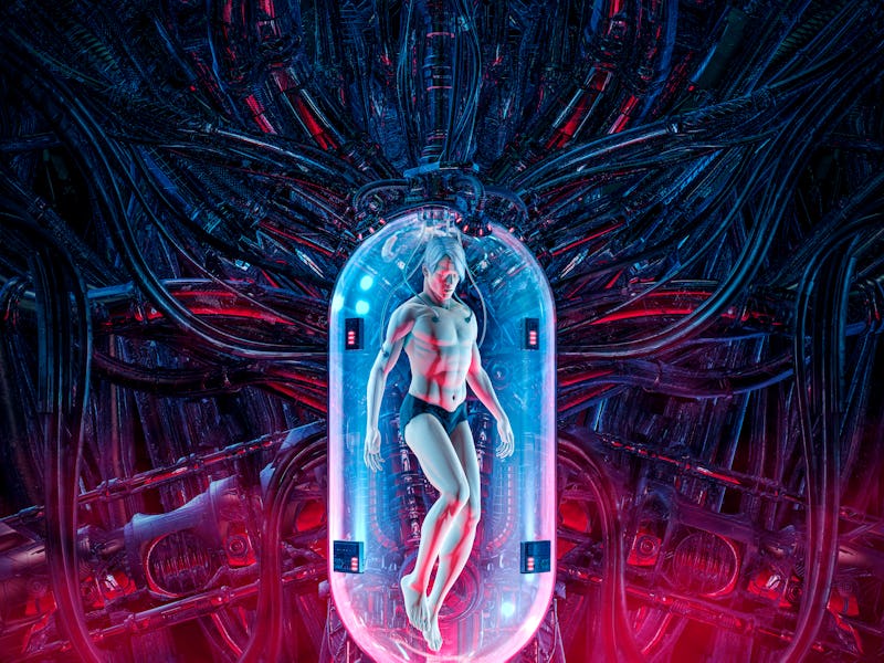 The man clone pod / 3D illustration of science fiction scene showing human male figure inside comple...