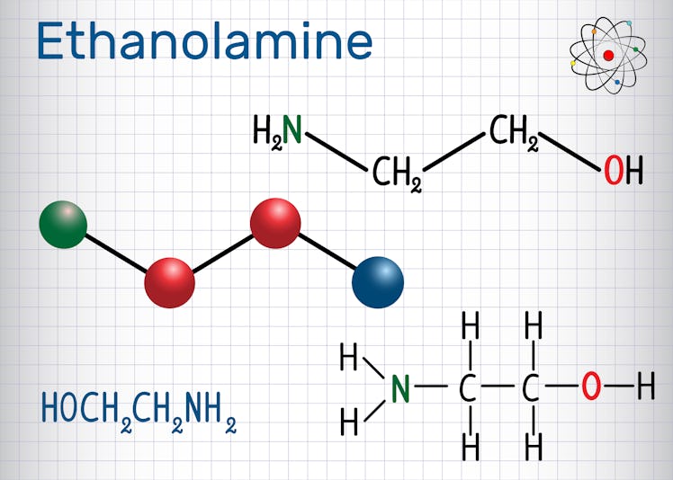 Ethanolamine (ETA or MEA) molecule .  It is a primary amine and a primary alcohol. Sheet of paper in...