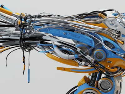 Fashionable robot geisha with bright blue and orange parts, wires in profile, 3d rendering
