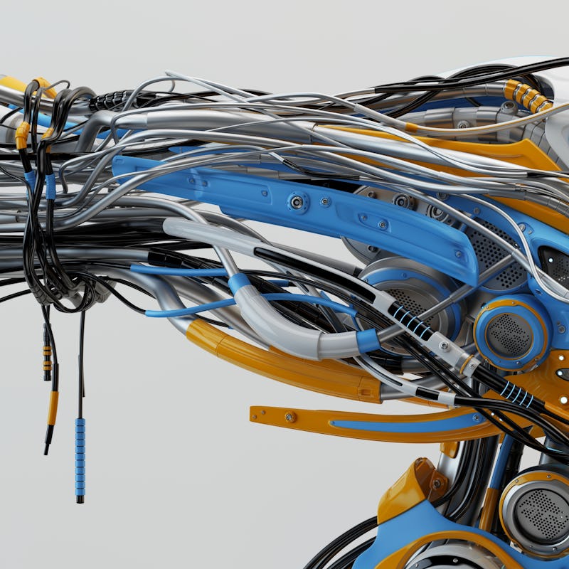 Fashionable robot geisha with bright blue and orange parts, wires in profile, 3d rendering
