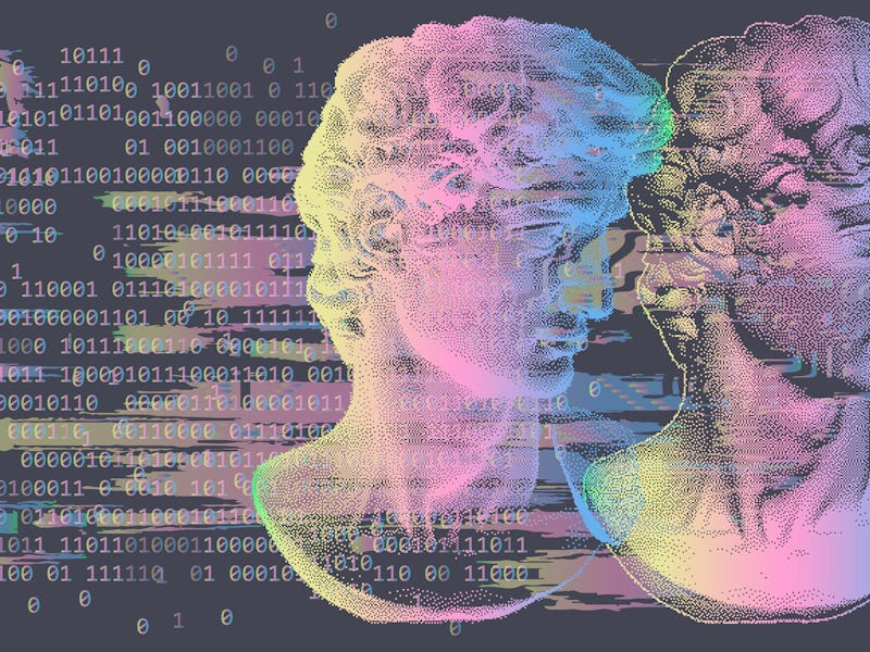 3D rendering of Michelangelo's David head in pixel art 8-bit style with glitchy effect. Concept of A...