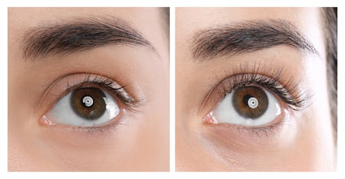 Young woman before and after eyelash extension procedure, closeup