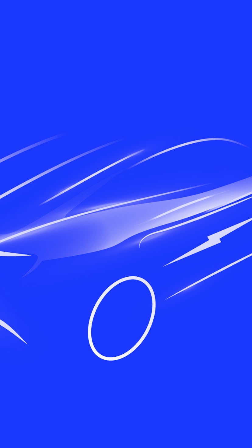 Futuristic electric car silhouette in motion on dark background. EV concept. Green eco transportatio...