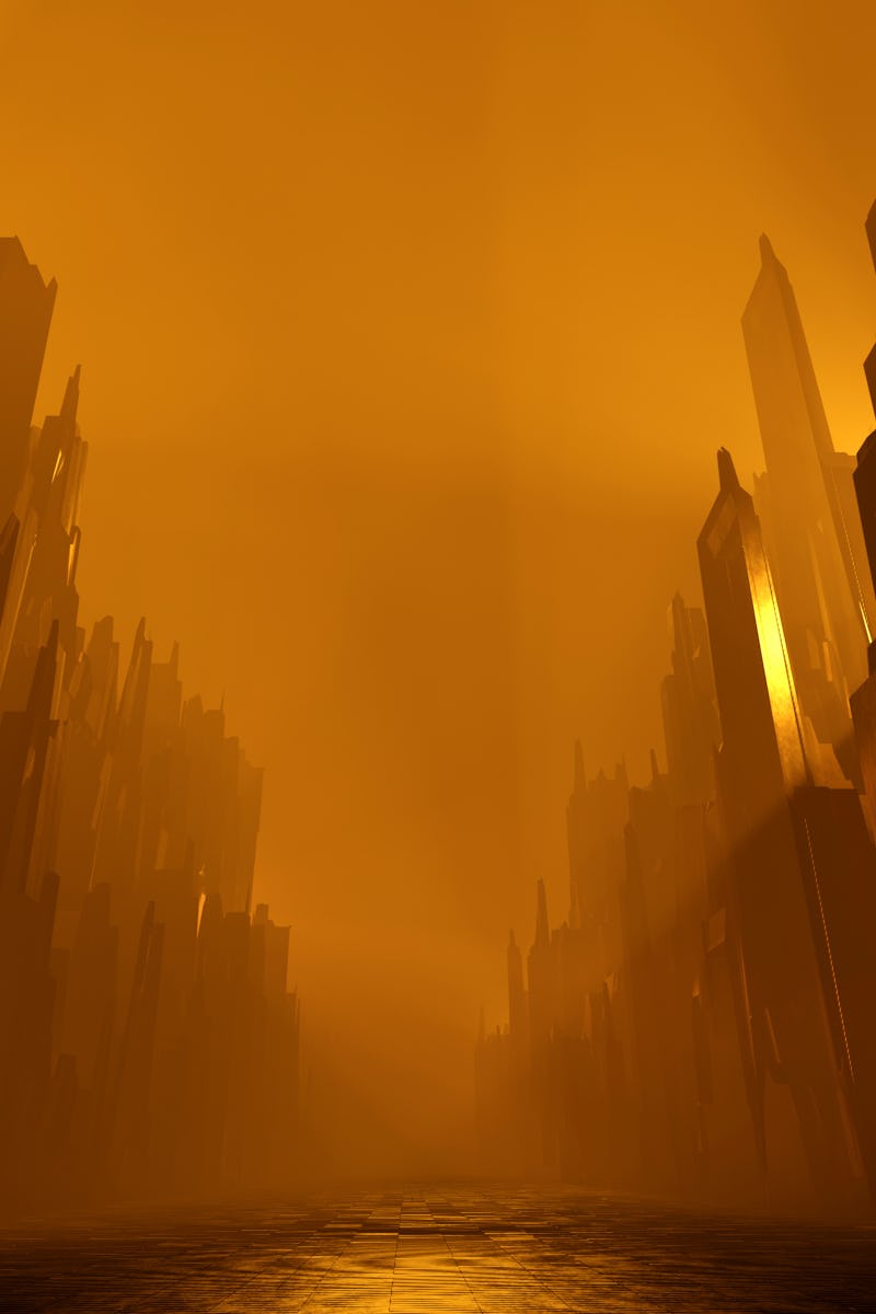 Sci Fi city abandoned landscape. Dark street house yellow fog smoke fire. Abstract concept backgroun...