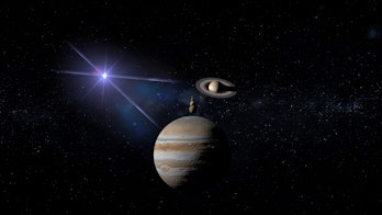 great conjunction of planet jupiter and saturn with the 4 moons of jupiter: io ,europa, callisto ,and ganymede 3d rendering illustration