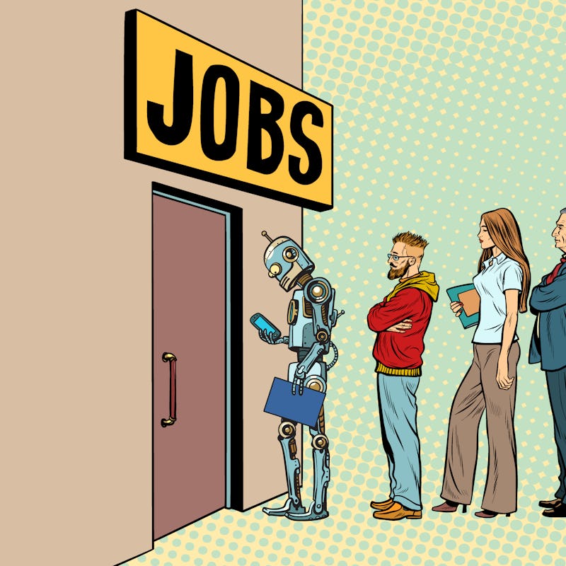competition of people and robots for jobs. technological revolution. Unemployment in the digital wor...