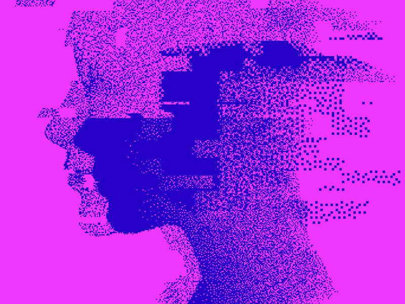 Human head made of particles with glitch art effect. Concept illustration of Mental health awareness...