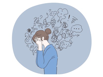 Headache, depression, anxiety concept. Vector illustration. Crying woman suffering fatigue from frus...