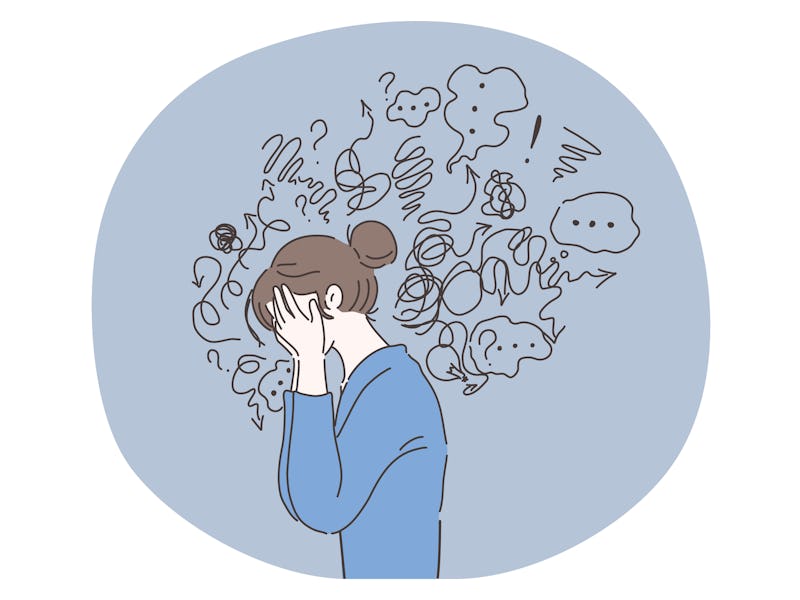 Headache, depression, anxiety concept. Vector illustration. Crying woman suffering fatigue from frus...