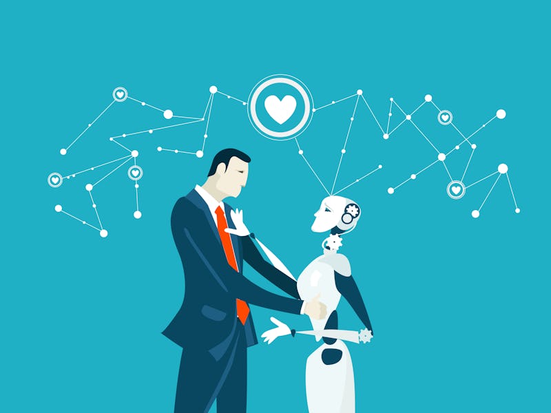 Future reality, relationship between human and robot. Ideal partner, companion, fake relationship.
