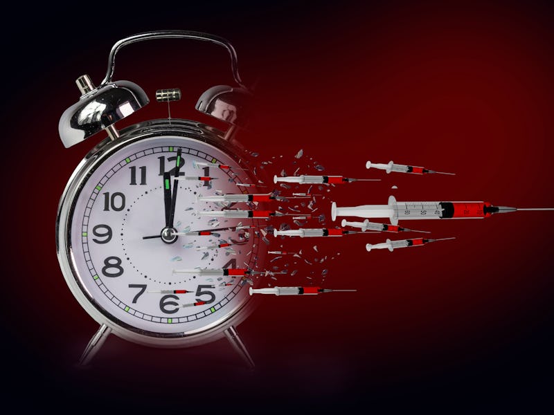 vaccine vaccination  time clock breaking exploding  in piecies - 3d rendering