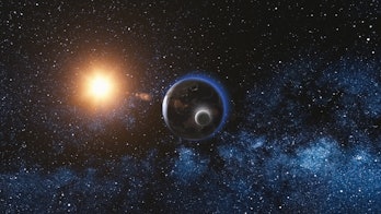 Sunrise view on Rotating Planet Earth and Moon. Milky way with thousand stars in the background. High detailed 3D Render animation. Elements of this image furnished by NASA. Astronomy and science