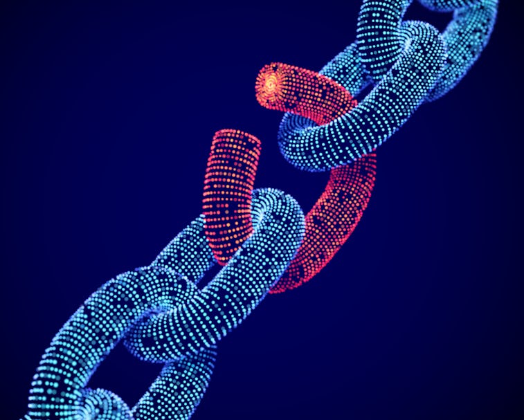 Broken chain link. The concept of Data Protection technology: a weak link in the system of digital d...