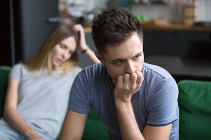 Upset frustrated boyfriend thinking of family conflicts after fight with girlfriend, sad thoughtful ...