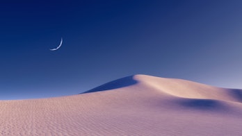 Fantastic unreal sandy desert landscape with massive sand dunes and half moon in clear night sky. With no people minimalist concept 3D illustration from my 3D rendering file.