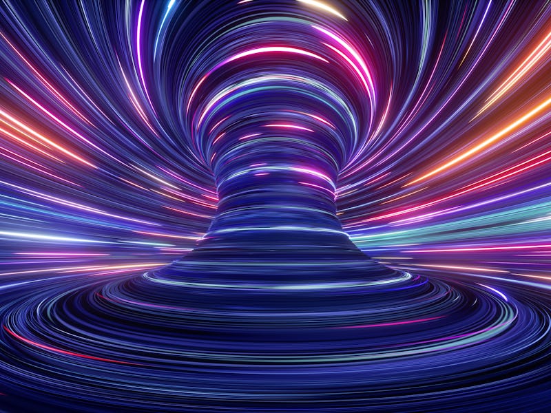 3d render, abstract cosmic background, ultra violet neon rays, glowing lines, cyber network, speed o...