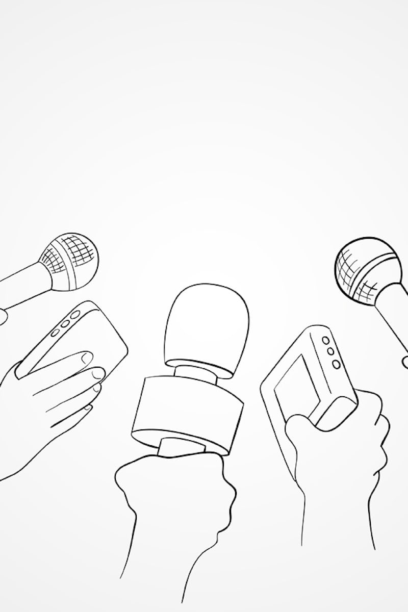 Line art illustration of hands holding microphones and recorders for journalism symbol