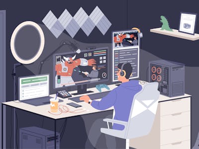 Gamer guy playing online game on computer at home vector illustration. Smiling male taking part at c...