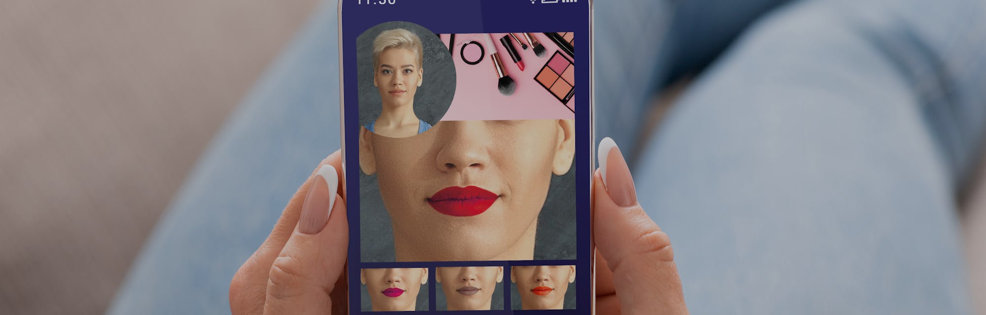 Augmented Reality Beauty App. Woman Trying Different Lipstick Color Online On Smartphone, Using Mode...