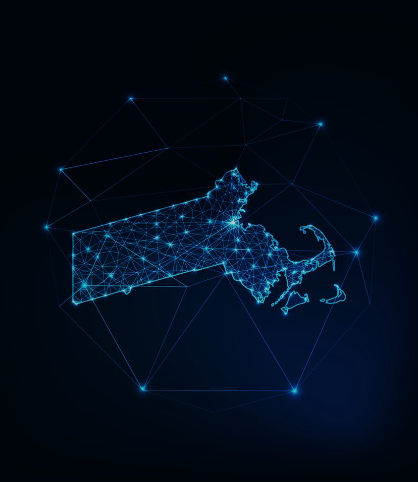 Massachusetts state USA map glowing silhouette outline made of stars lines dots triangles, low polyg...