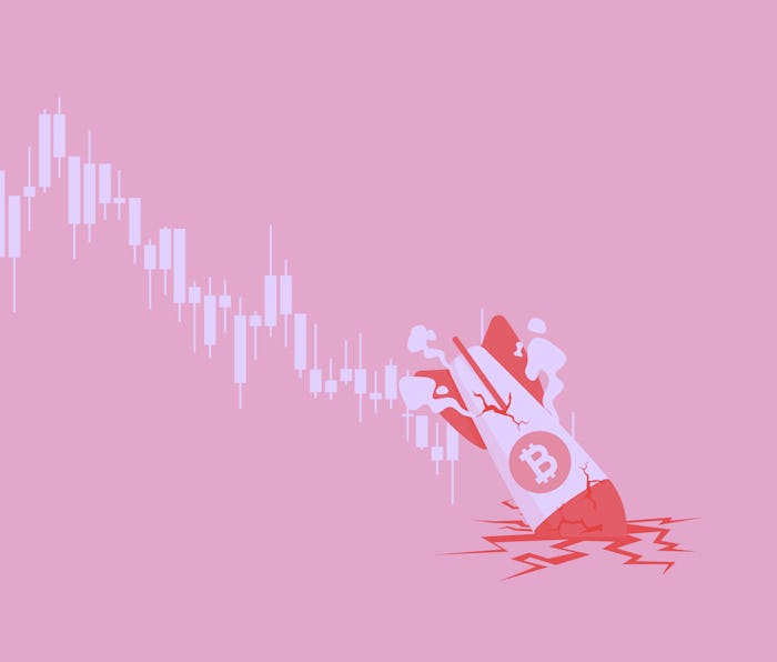 Bitcoin rocket crash on the floor. Bitcoin price collapse, crypto currency volatility price roaring ...