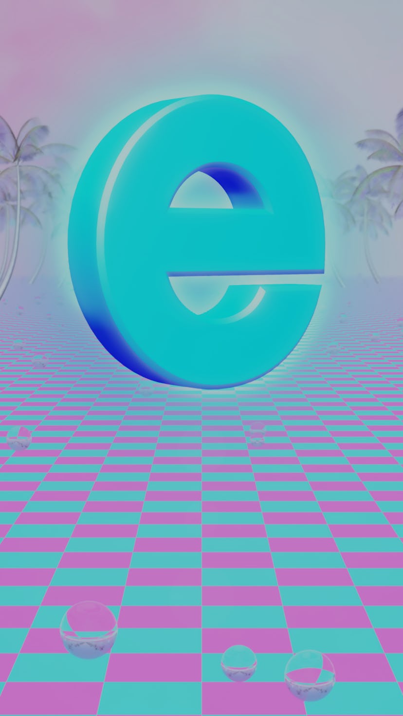 Aesthetic Vaporwave Floating Internet E Logo with Pink Palm Trees 3D Rendering - Abstract Background...