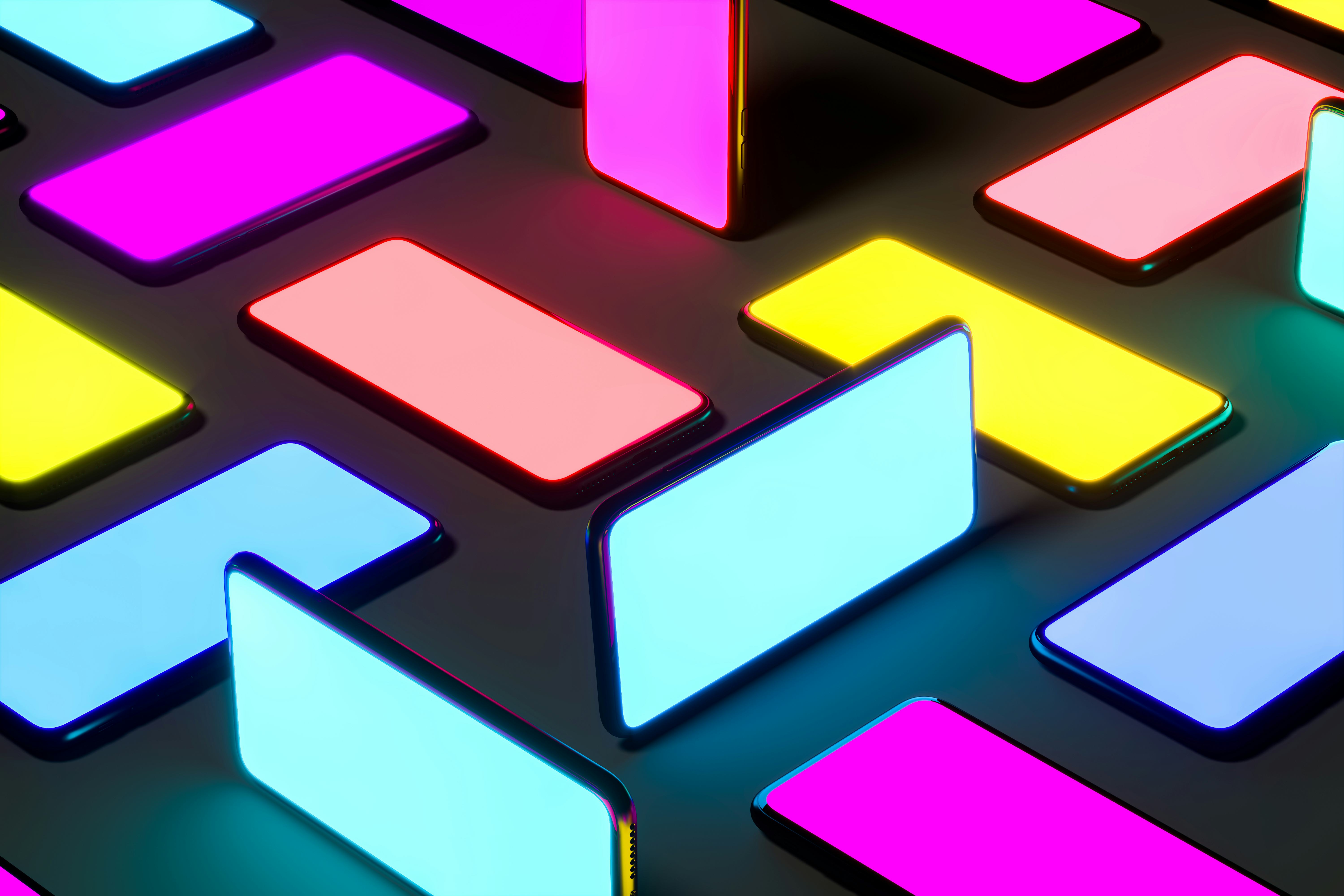 Mobile Phones With Multicolored Screens On Black Background. Yellow. Blue. Violet, Orange, Aquamarin...