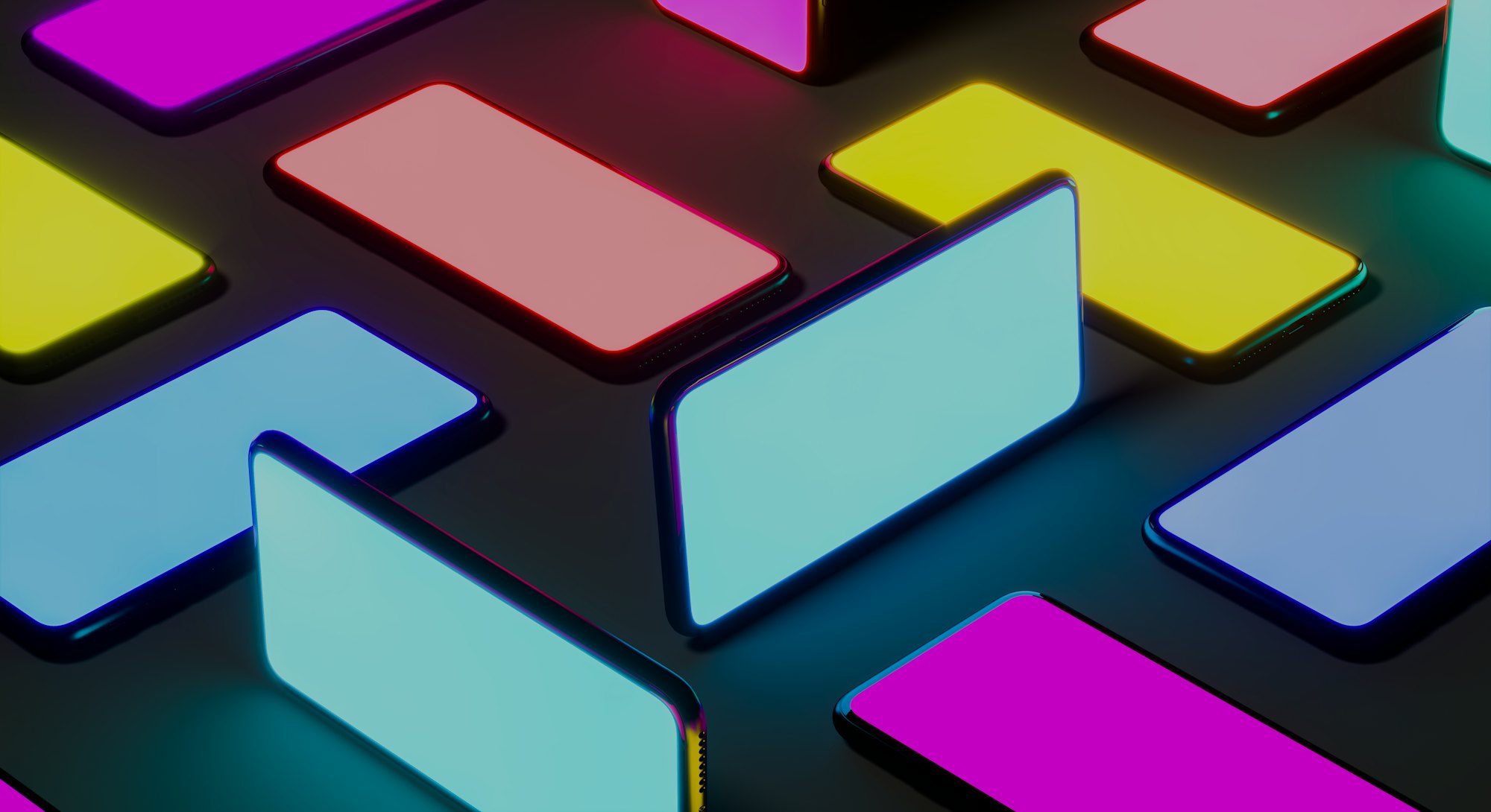 Mobile Phones With Multicolored Screens On Black Background. Yellow. Blue. Violet, Orange, Aquamarin...