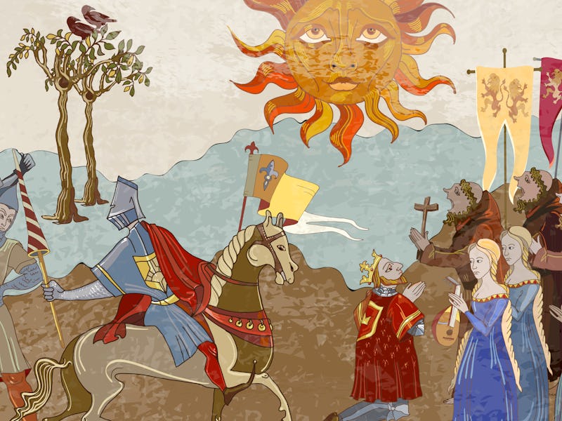 Medieval scene. King and queen. Priests and soldiers protect castle. Middle Ages, parchment concept....