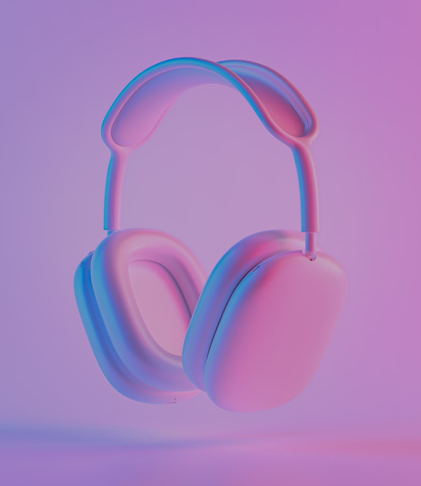 headphone colorful ultraviolet holographic neon lights. Creative concept. wireless technologies. 3d ...