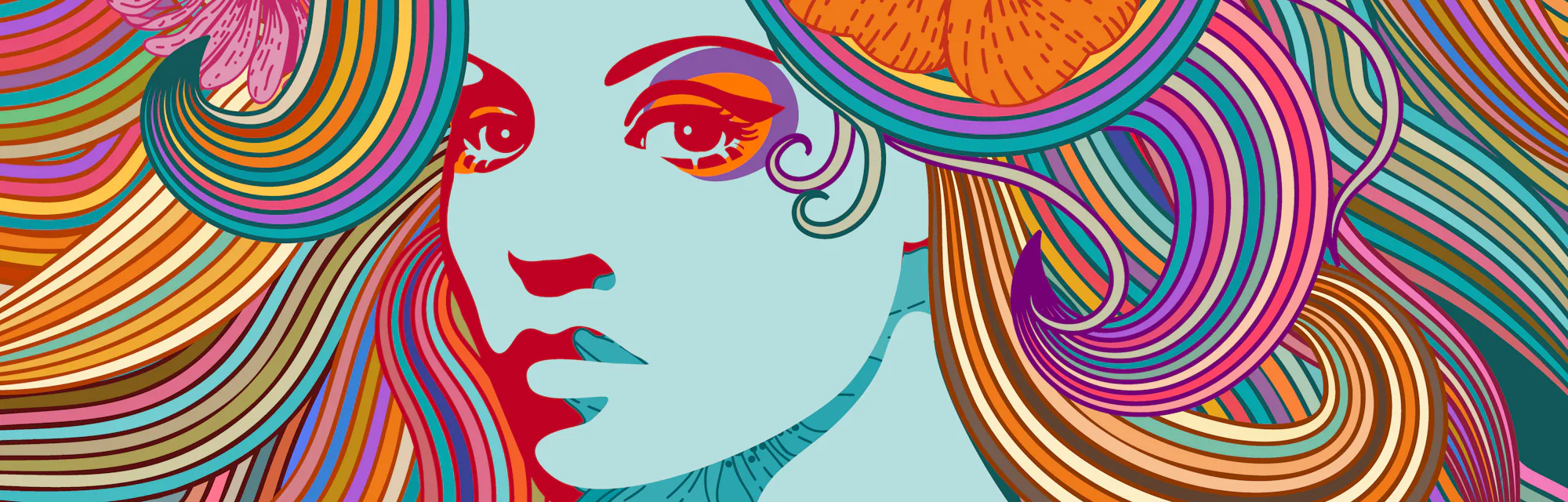 Psychedelic portrait of a hippie woman with colorful hair, flowers and butterflies. Eps 10 vector