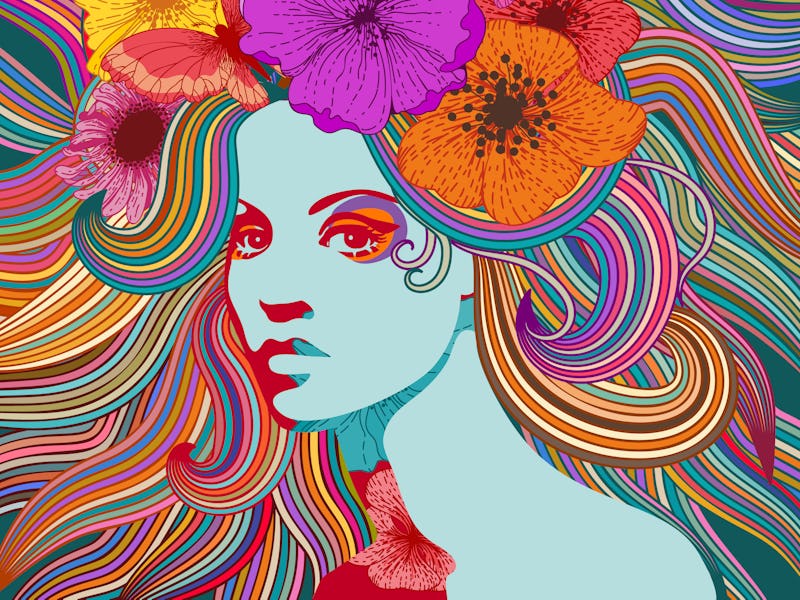 Psychedelic portrait of a hippie woman with colorful hair, flowers and butterflies. Eps 10 vector