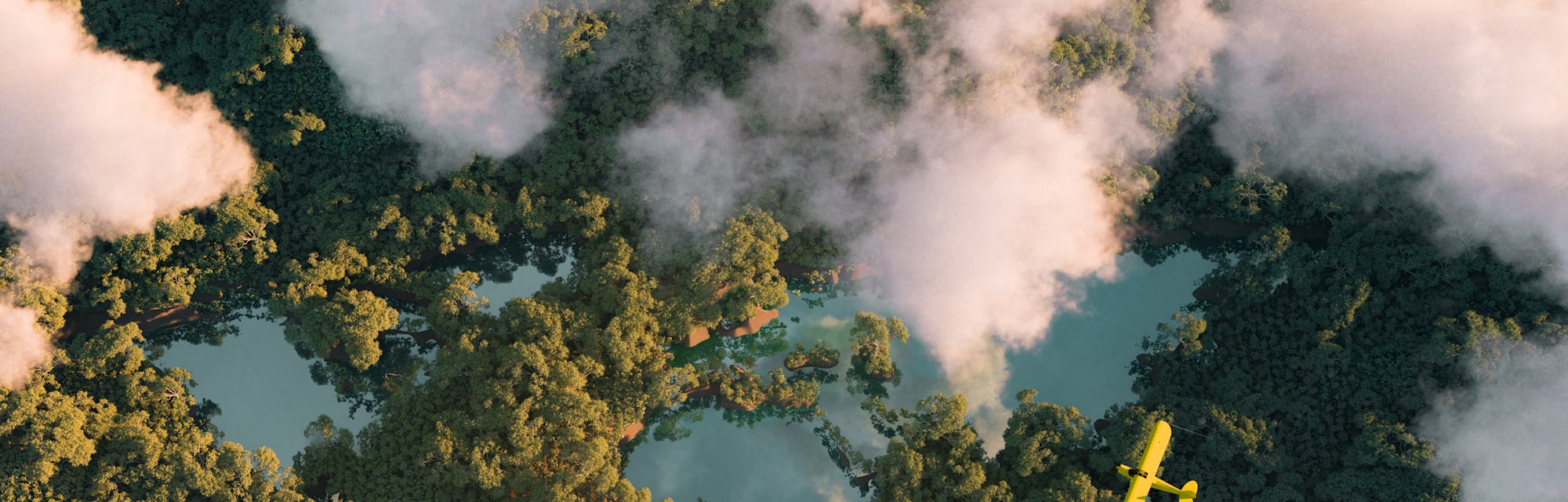 Sustainable habitat world concept. Distant aerial view of a dense rainforest vegetation with lakes in a shape of world continents, clouds and one small yellow airplane. 3d rendering.