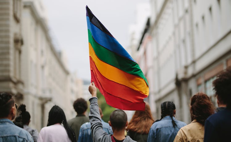 Rear view of people in the pride parade. Group of people on the city street with gay rainbow flag.