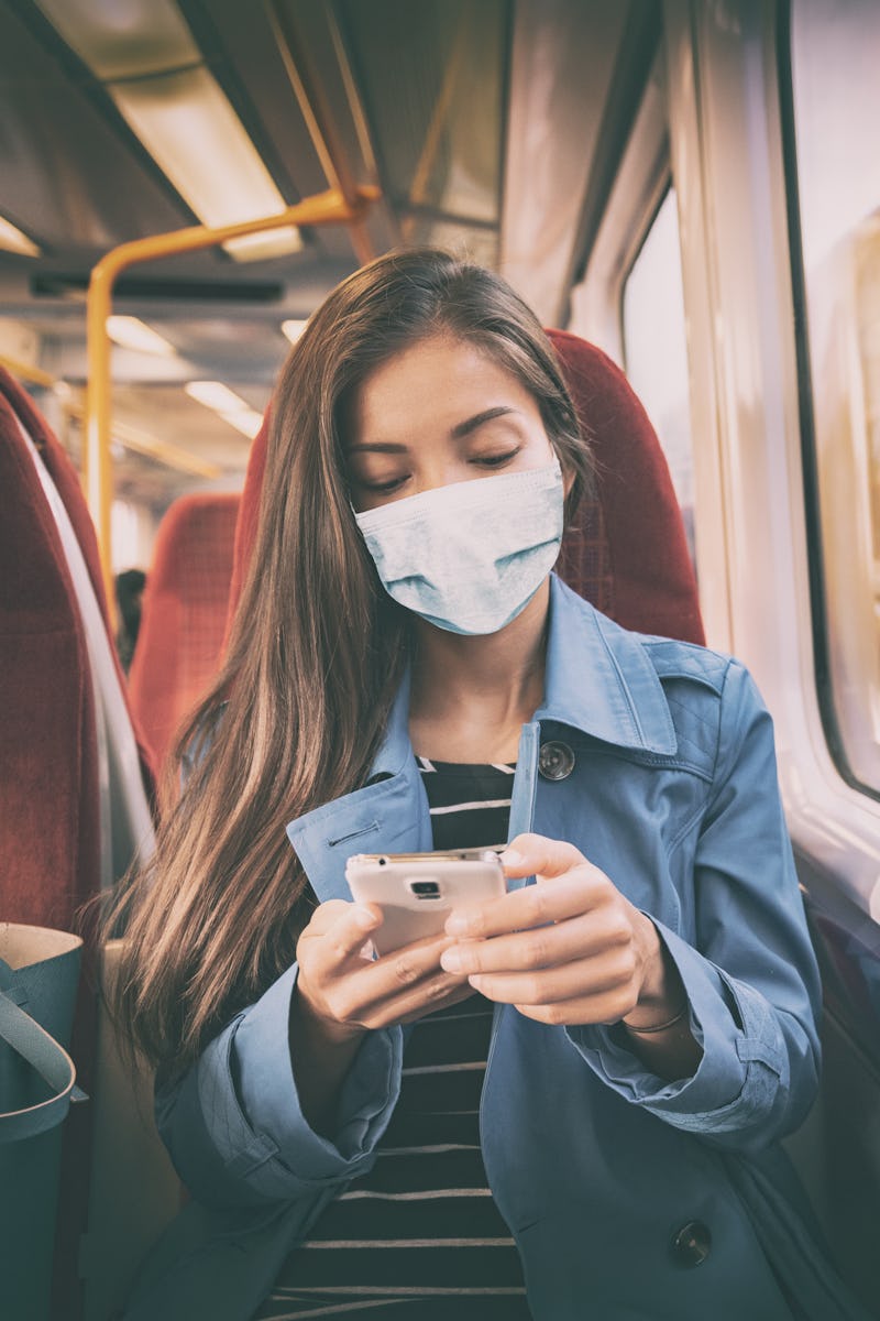 Face mask concept. Woman wearing mandatory mask inside public spaces for transport such as train sta...