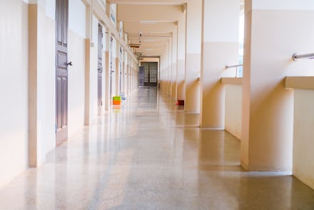 High School hallway corridor in College or university empty hall at classroom, no people student whi...
