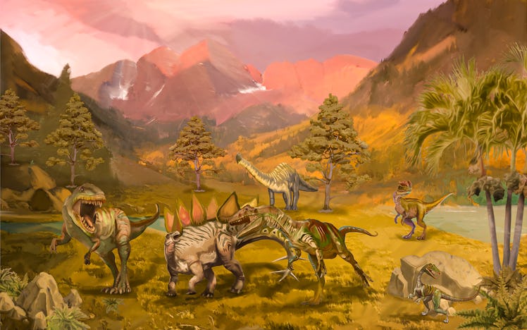 Scene with dinosaurs Asteroid explosion at the end of the prehistoric Jurassic, Cretaceous or Triass...