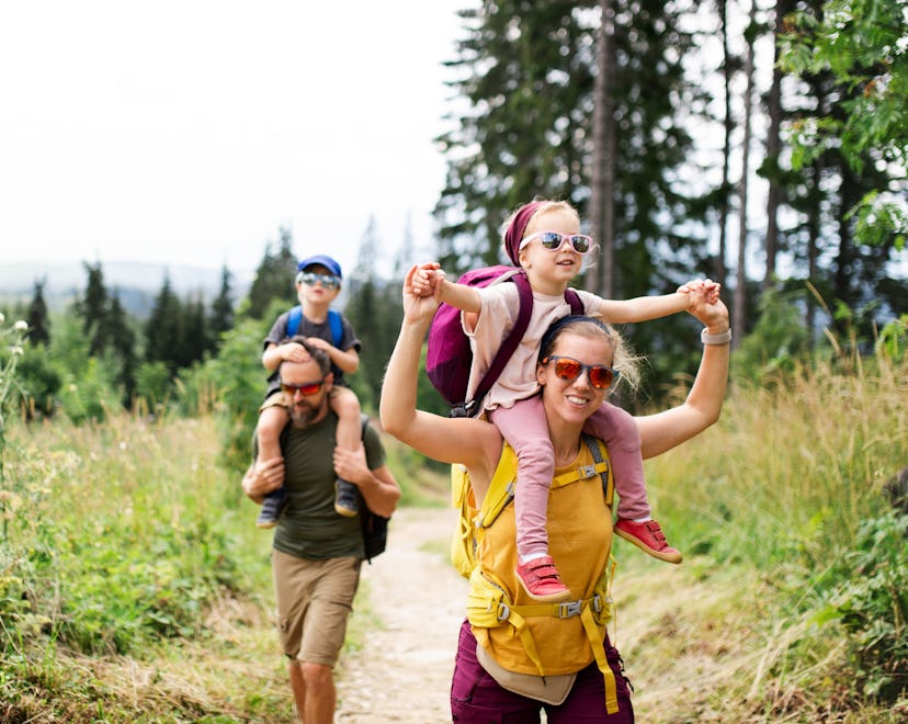 Family with small children hiking outdoors in summer nature.