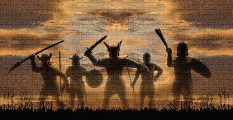 Five silhouettes of giant celestial norse gods-warriors Vikings from Valhalla against sunset sky and...