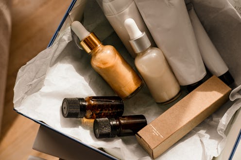 Beauty box set, bottles of natural cosmetics. Blogger skincare, face, hair and body essentials, salo...