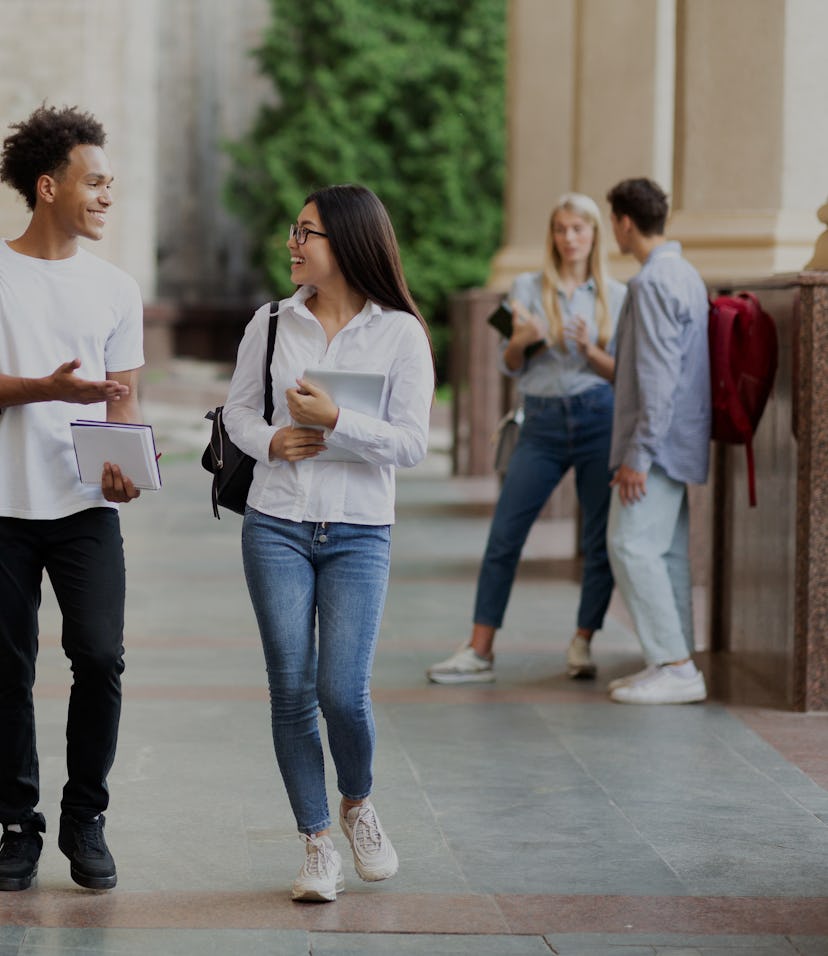 Diverse classmates chatting, walking after classes in university campus outdoors