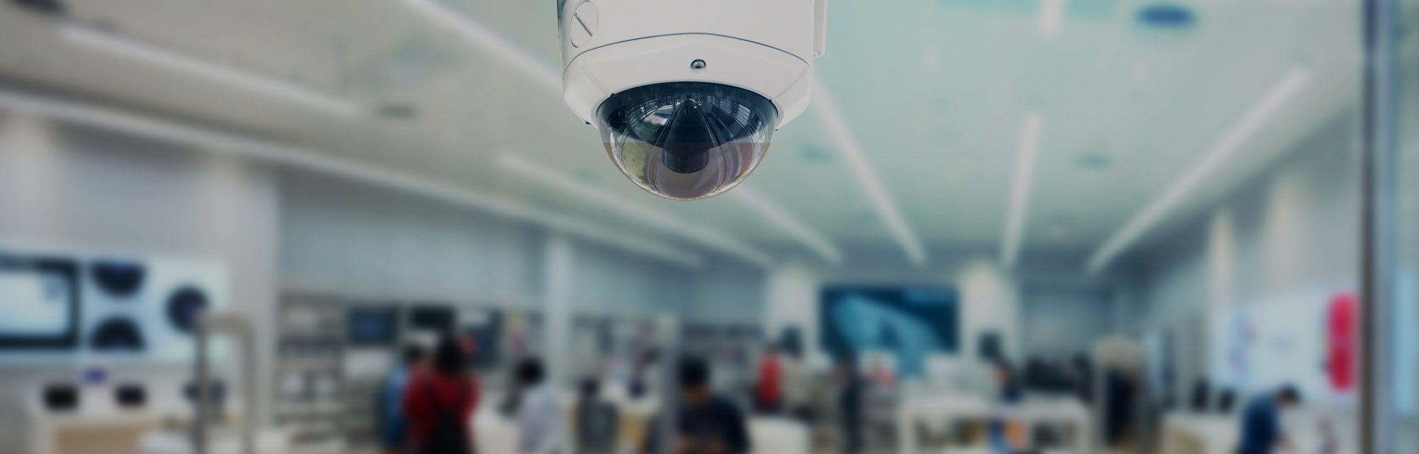 CCTV security panorama with shop store blurry background.