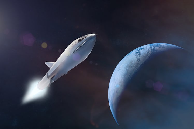 Starship taking off on a mission on background of Earth planet. Elements of this image furnished by ...