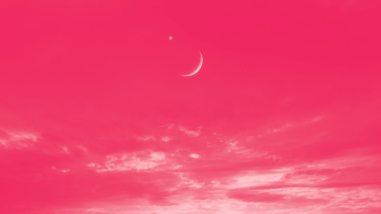 Crescent moon with beautiful sunset background . Generous Ramadan . Light from sky . Religion backgr...