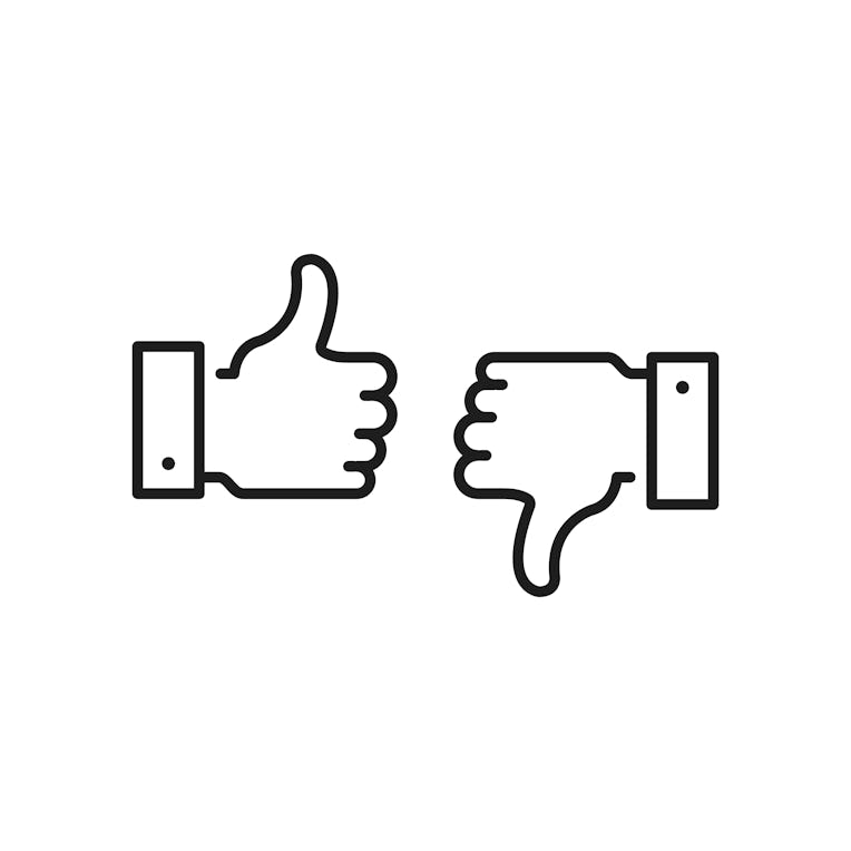 Like icon and dislike. Thumbs up and thumbs down. Black color. Modern concept. Simple stroke outline...