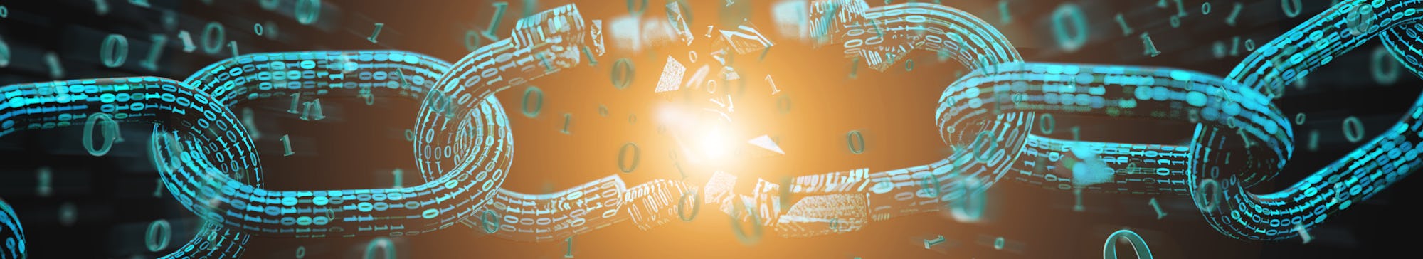 View of Weak link of a Broken blockchain exploding - 3d render