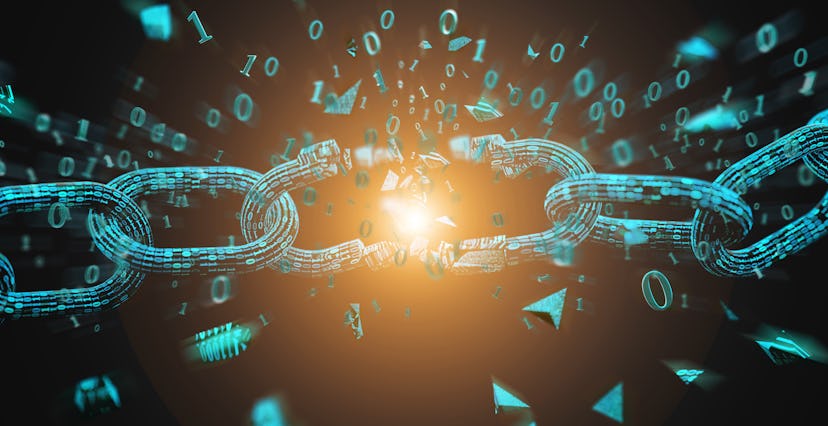 View of Weak link of a Broken blockchain exploding - 3d render